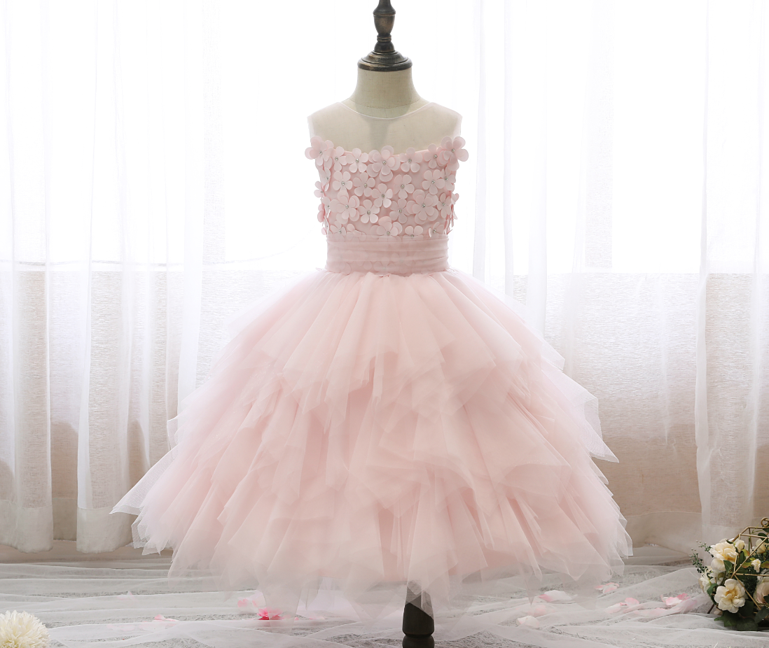 Flower Girl Dresses,puffy Yarn Princess Dress Wedding Flower Girl Birthday Pink Cake Dress Children Appliqued Sleeveless Dress Elegant Girl