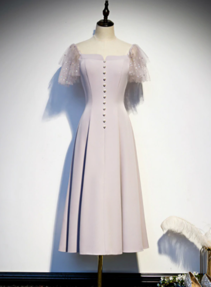 Satin Square Short Sleeve Tea Length Prom Dress