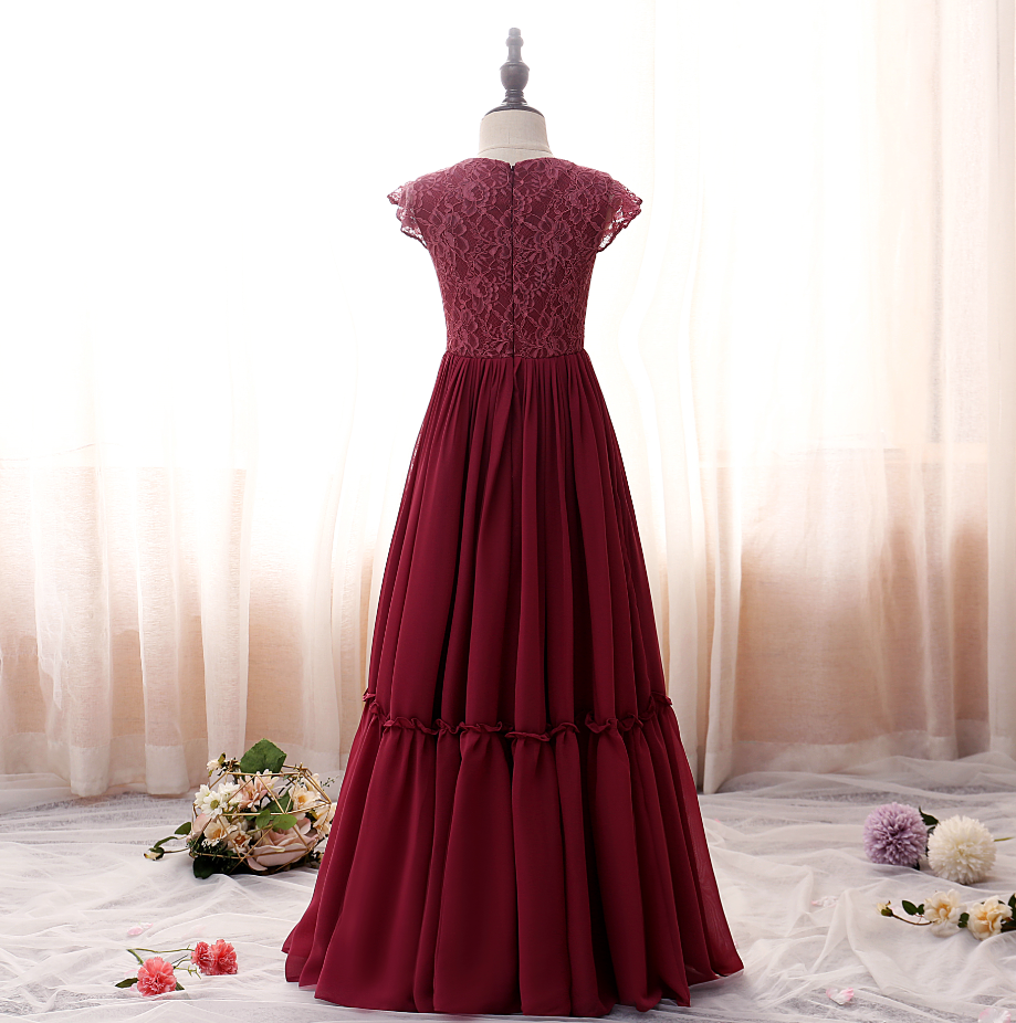 Flower Girl Dresses, Weddings Children Princess Ball Gowns Petal Sleeve Wine Red High-end Party Ceremony Dress Birthday Banquet Girls Clothes