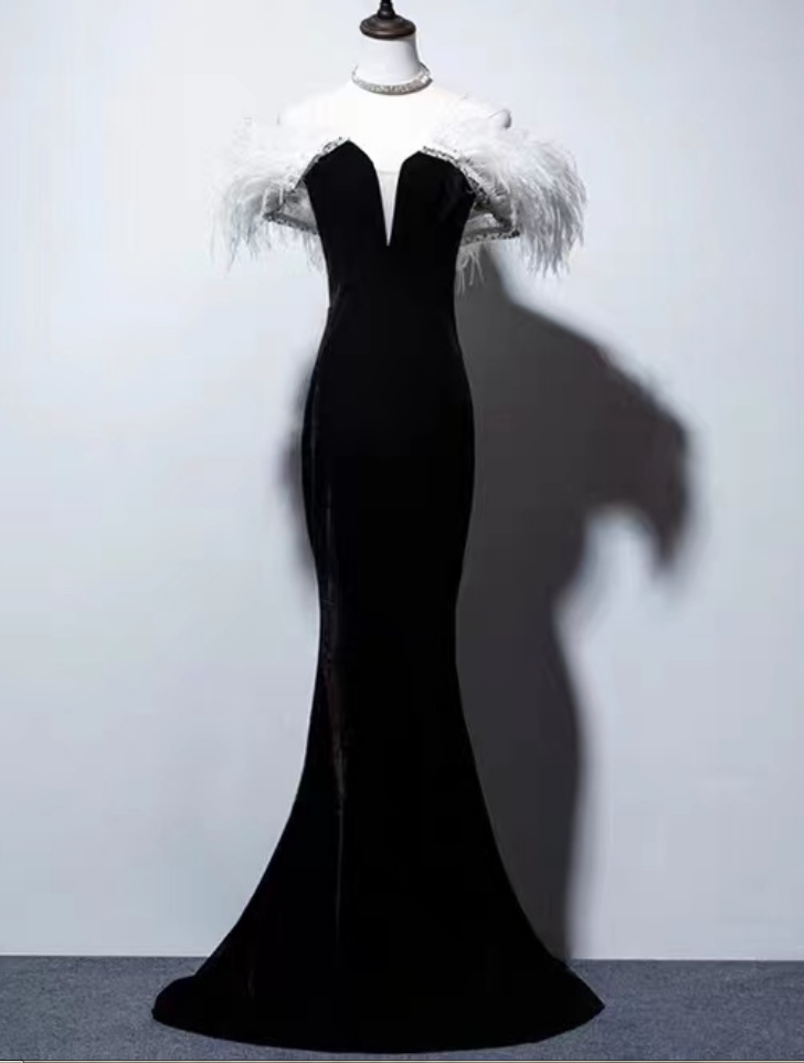 ,feather Velvet Fashion Dress,black Evening Dress, Mermaid Sexy Prom Dress,custom Made