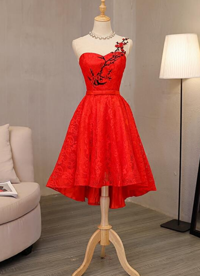 Red Lace One Shoulder High Low Party Dress, Cute Formal Dress