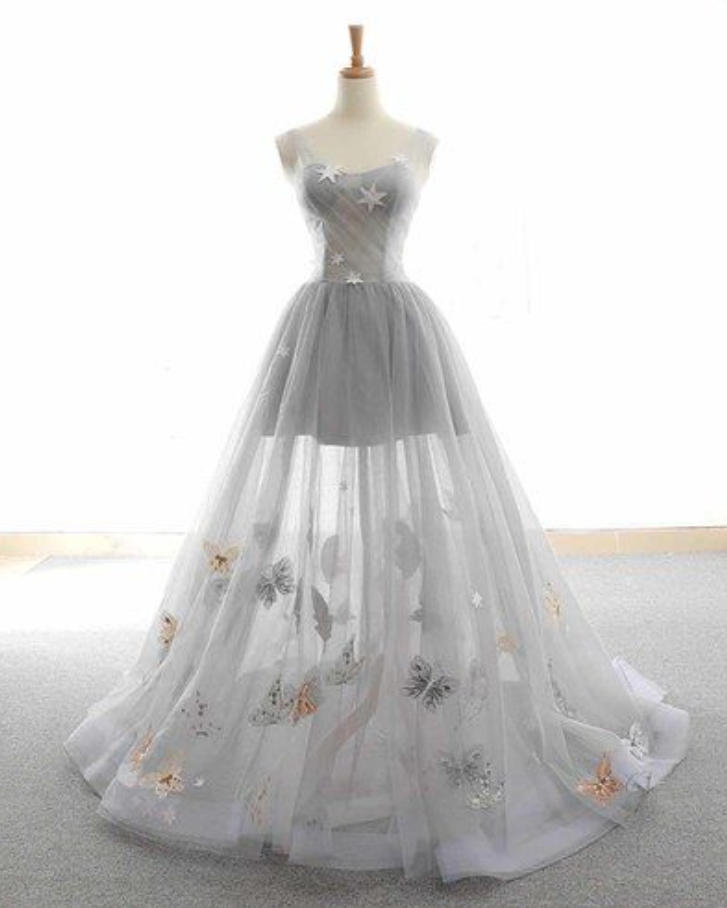 Cute Tulle Lace Prom Dress, Long Evening Gowns,gray Tulle Sparkly Long