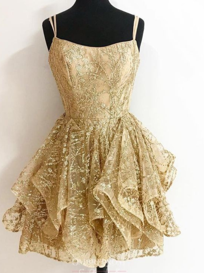A-line Sequins Gold Short Prom Dresses Glitter Cocktail Party Dress
