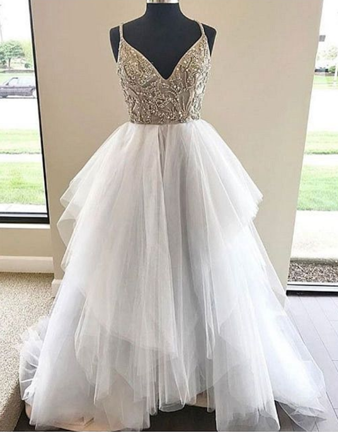 A-line V-neck Spaghetti Straps Tulle Long Wedding Dress With Beading