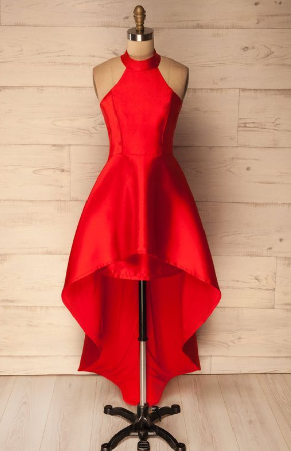 Simple Red Satin Prom Dress,high Low Prom Dress