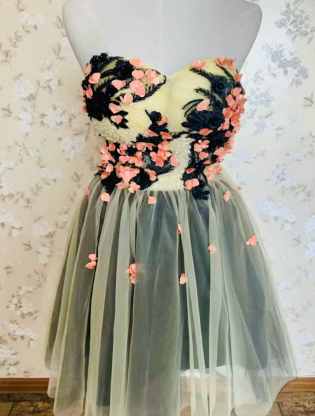 Strapless Prom Dress,yellow Party Dress,homecoming Dress With Applique,queenie Prom Unique,custom Made,