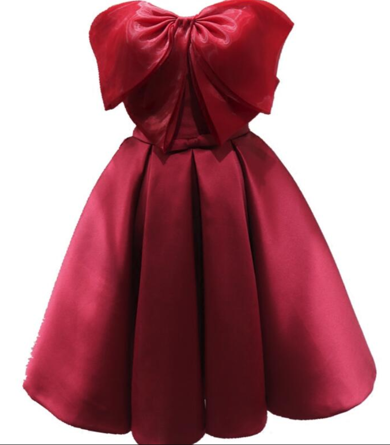 Red Satin And Organza Bow Short Cute Party Dress, Handmade Formal Dress