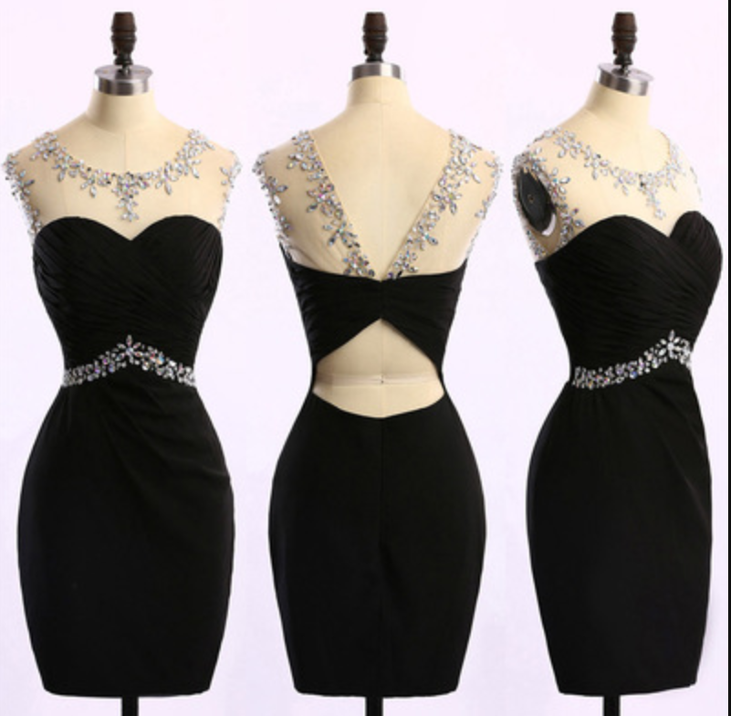 Short Black Prom Dress With Ruching Details, Sleeveless Beaded Homecoming Dress, Column Chiffon Black Party Dress