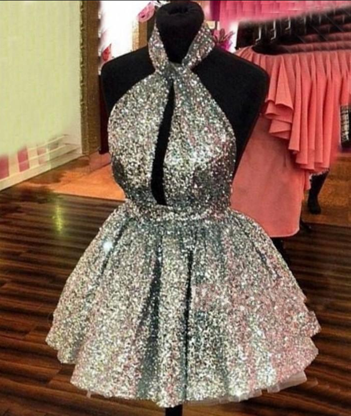 Silver Sequins Homecoming Dresses Halter Plunging V Neck Sexy Backless Short Mini Ruched Pleats 2020 Cocktail Party Formal Evening Gowns