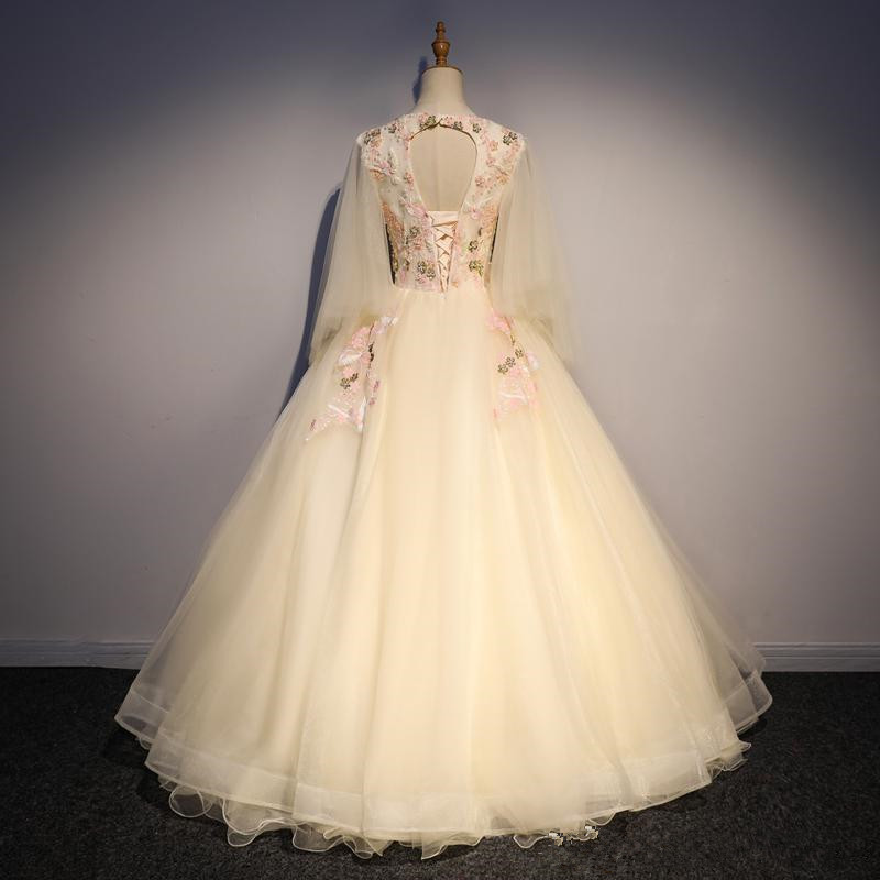 Princess Long Sleeve Appliques Beading V-neck Ball Gown Quinceanera Dresses Lace Up Sweet 16 Dresses Debutante 15 Year Party Dress