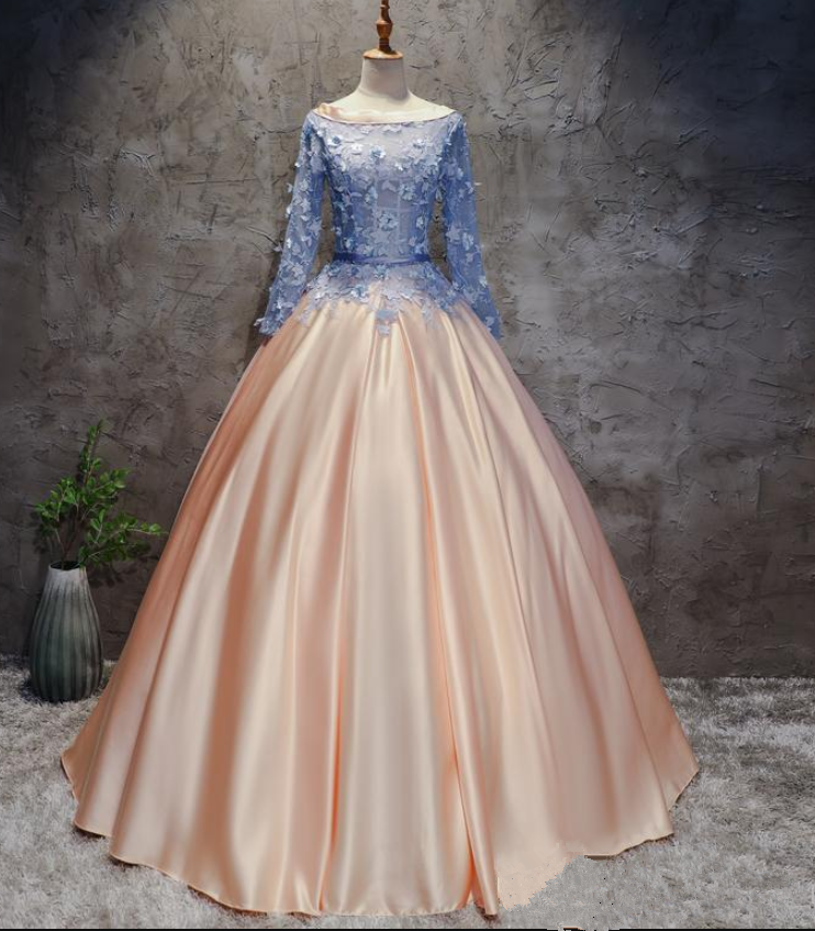 Fashion Long Sleeve Appliques Taffeta Ball Gown Quinceanera Dresses Lace Up Sweet 16 Dresses Debutante 15 Year Party Dress