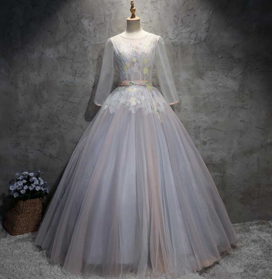 Fashion Appliques Ball Gown Quinceanera Dresses Long Sleeve Lace Up Tulle Sweet 16 Dresses Debutante 15 Year Party Dress