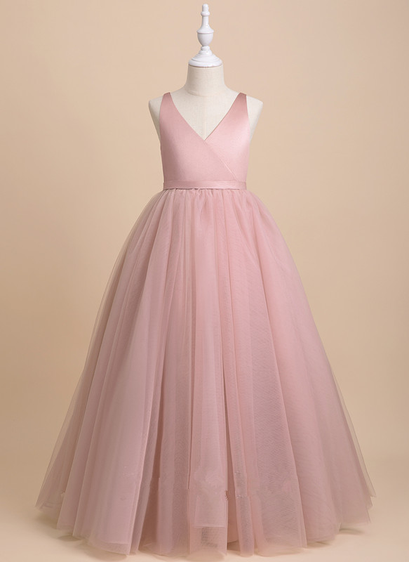 Bflower Girl Dresses,all-gown/princess Floor-length Flower Girl Dress - Tulle Sleeveless V-neck With Bow(s)/v Back