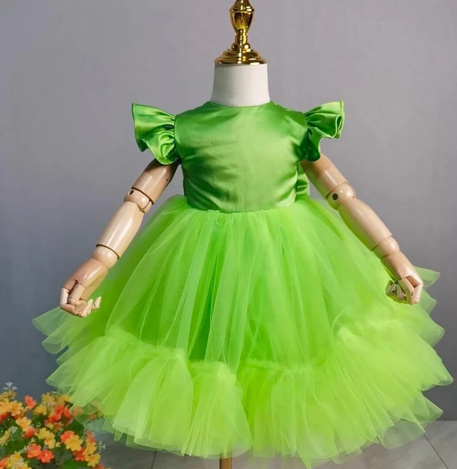 Flower Girl Dresses,baby Girls Tulle Green Dress Princess Flower Gift Party Kids Dresses For Girls Toddler Girl Wedding Birthday Satin
