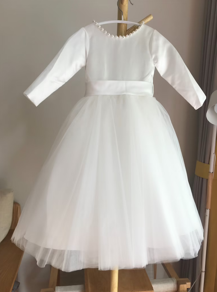 Flower Girl Dresses V Back Top Dress With Pearls, Communion Dress With Long Sleeves