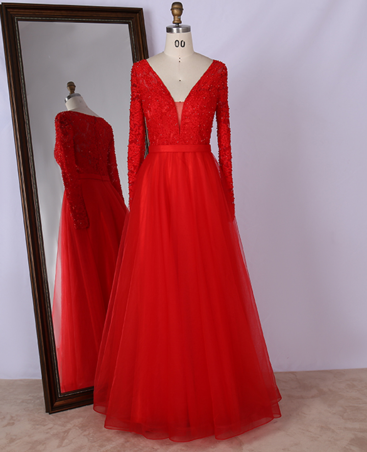 Prom Dresses, Selling V Neck Handmade Embroidery Elegant Long Sleeved Evening Dresses