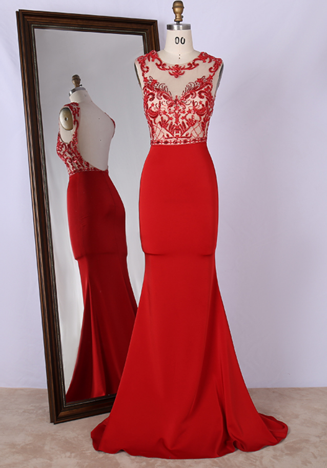Prom Dresses, Design Scoop Neckline Embroidery Sequined Formal Gowns Women Evening Dresses