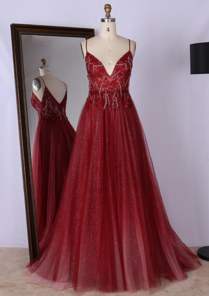 Prom Dresses,custom Tulle V Neck Spaghetti Strap Elegant Evening Dinner Dress Prom Dresses For Ladies