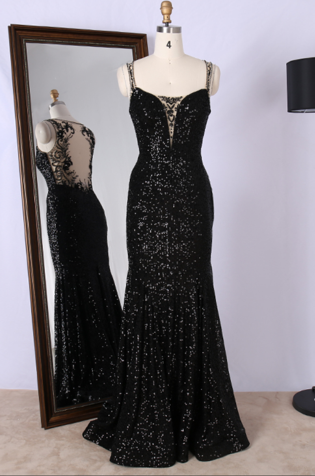 Prom Dresses,2022 Design Beading Sequined Sweep Train Sexy Luxury Black Glitter Prom Dresses