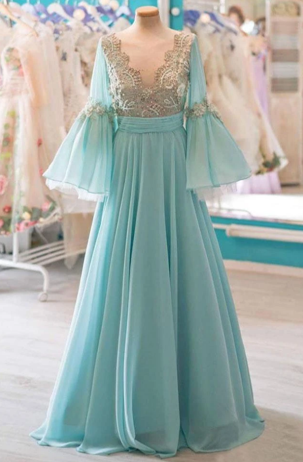 Prom Dresses,chiffon Long Prom Dresses With Flare Sleeves