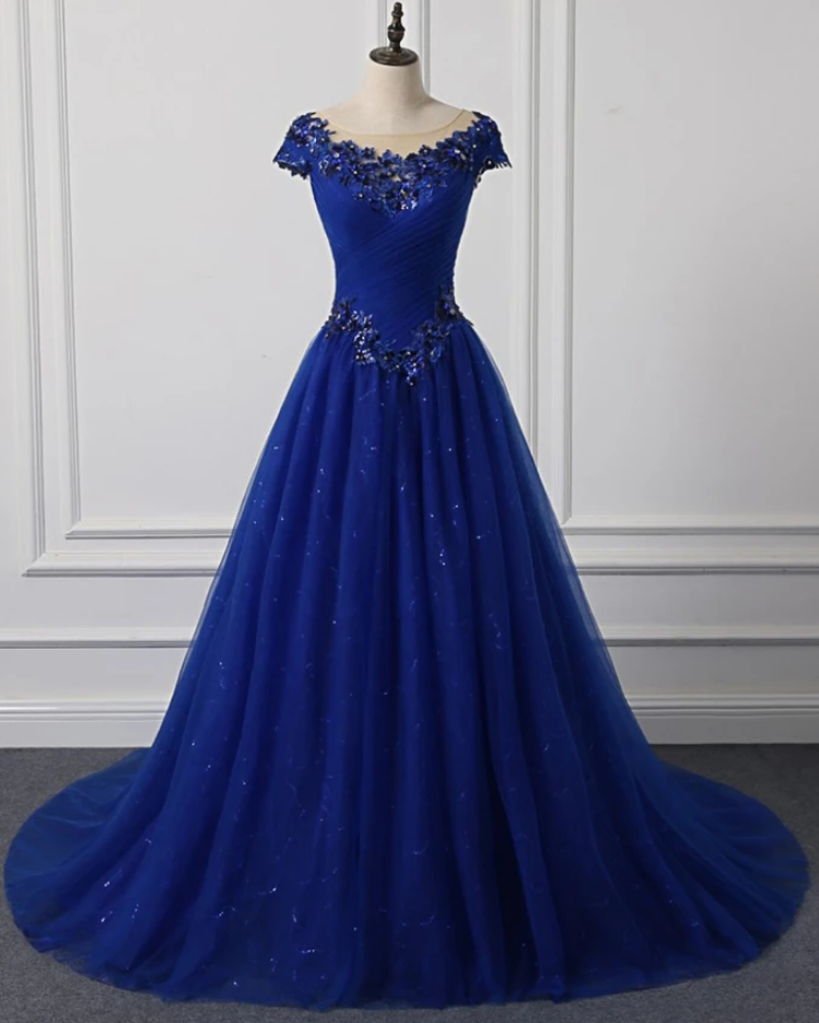 Prom Dresses,tulle Cap Sleeve Floor Length Formal Prom Dress With Applique