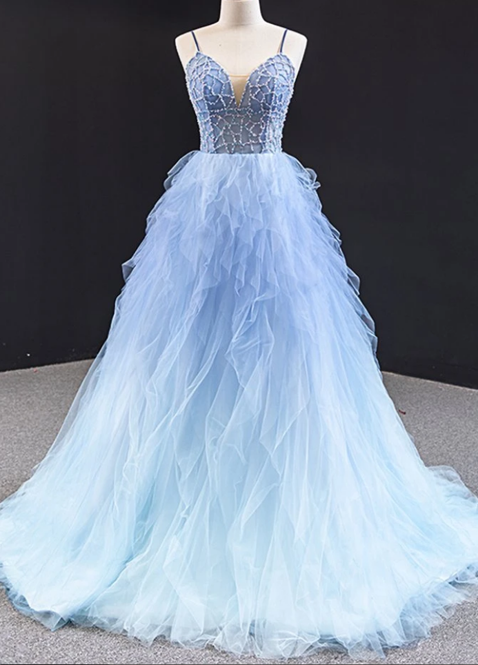 Prom Dresses,tulle Beaded Long Open Back Ruffles Prom Dress, Evening ...