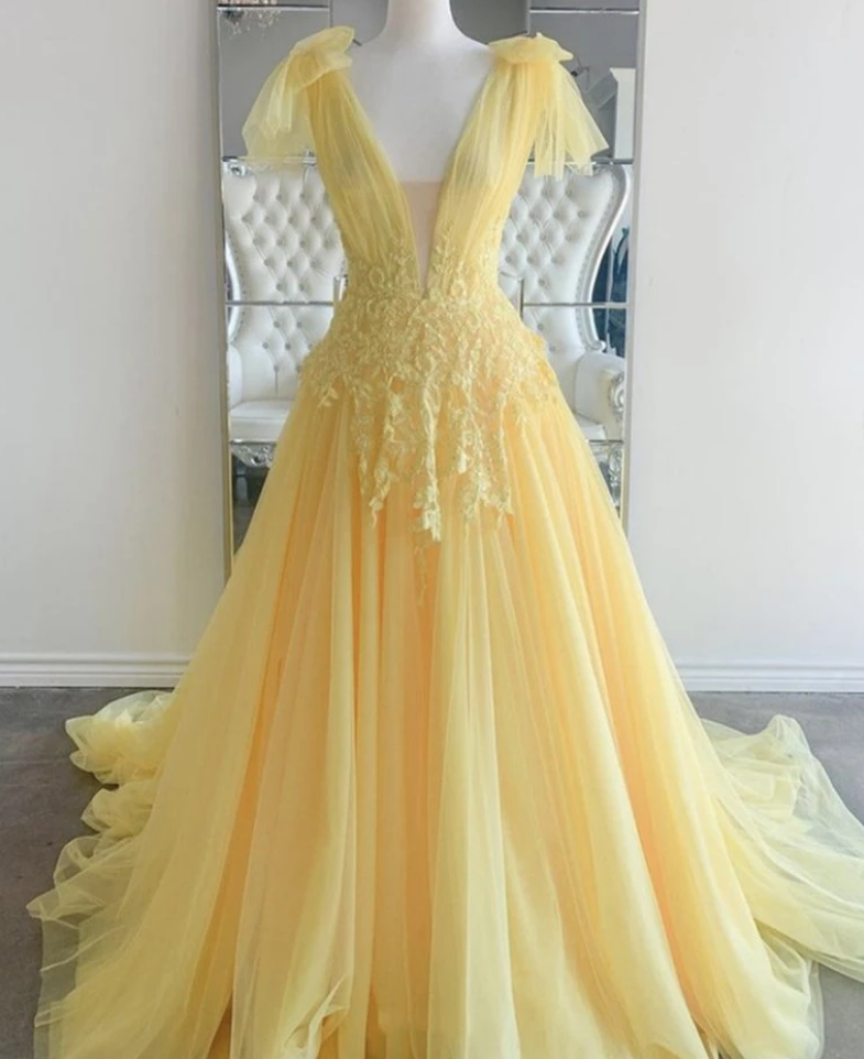 Prom Dresses,elegant V Neck And V Back Yellow Lace Long Prom Dresses, Yellow Lace Formal Graduation Evening Dresses