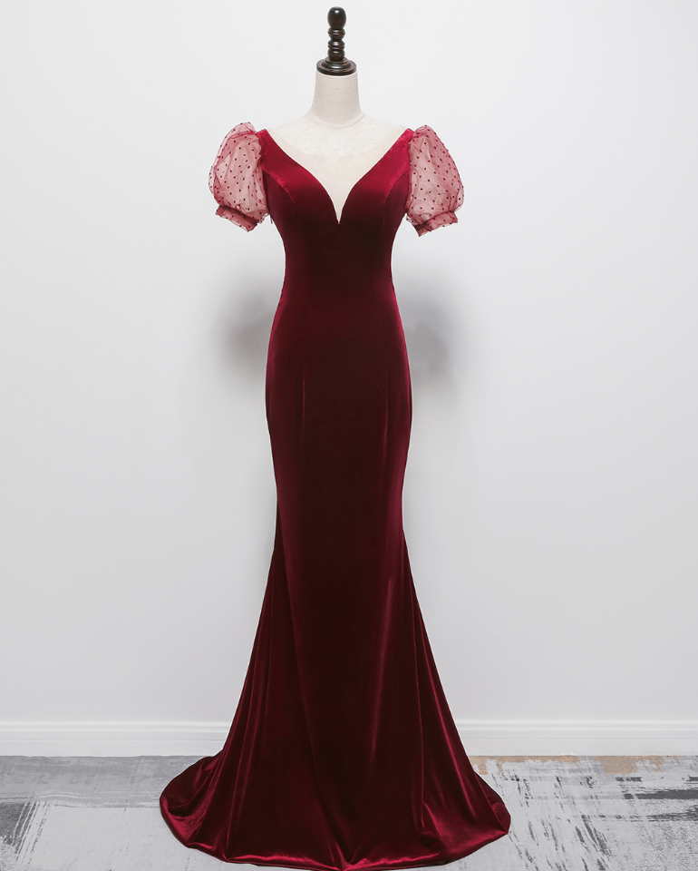 Prom Dresses,high-end Velvet Dress Bride V-neck Slim Slimming Tail Fishtail Evening Dress