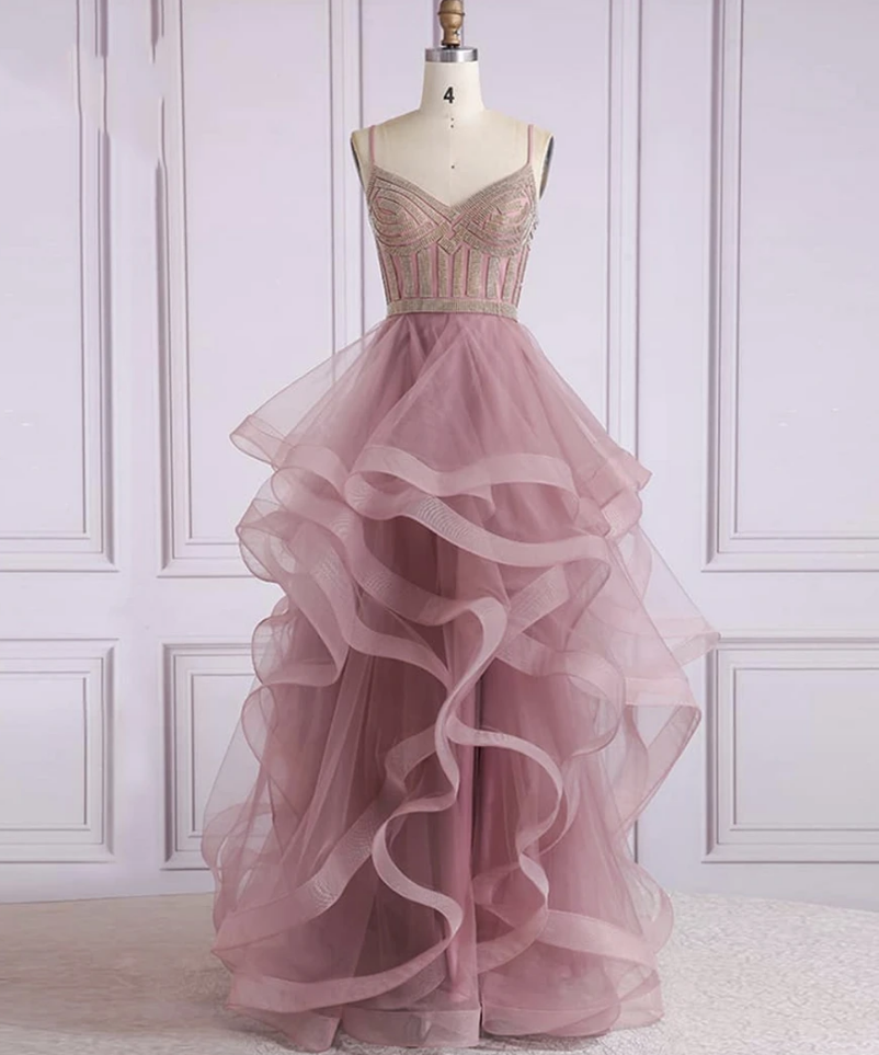 Prom Dresses,A line tulle beads long prom dress formal dress