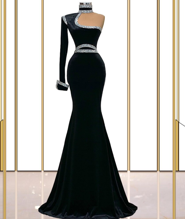 Prom Dresses,Tall Collar Single Sleeve Mermaid Evening Dress Black Velvet Prom Dress Cocktail Dress 