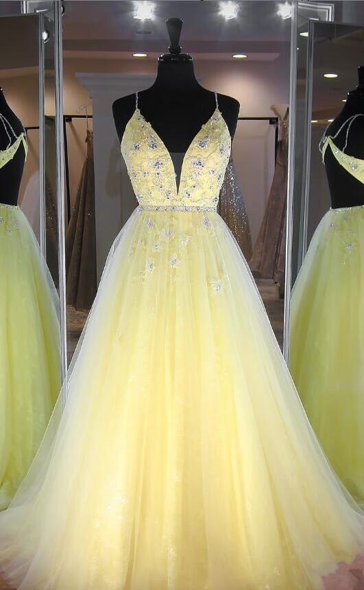 Sexy V Neck Long Baby Yellow Beaded Prom Dresses Open Back Tulle Elegant Evening Dress For Women