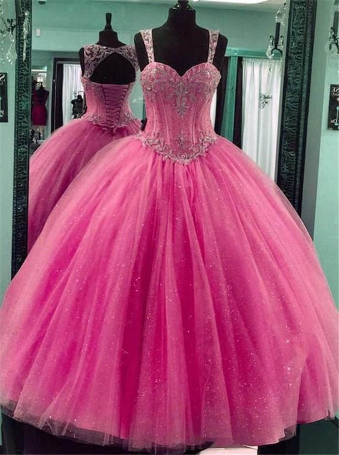Princess Pink Beaded Quinceanera Dresses Ball Gown Puffy Sweet 15 Year Girls Birthday Party Dress