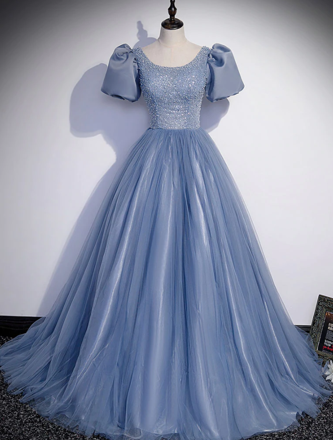 Prom Dresses, Round Neck Tulle Sequin Beads Long Prom Dress, Evening Dress