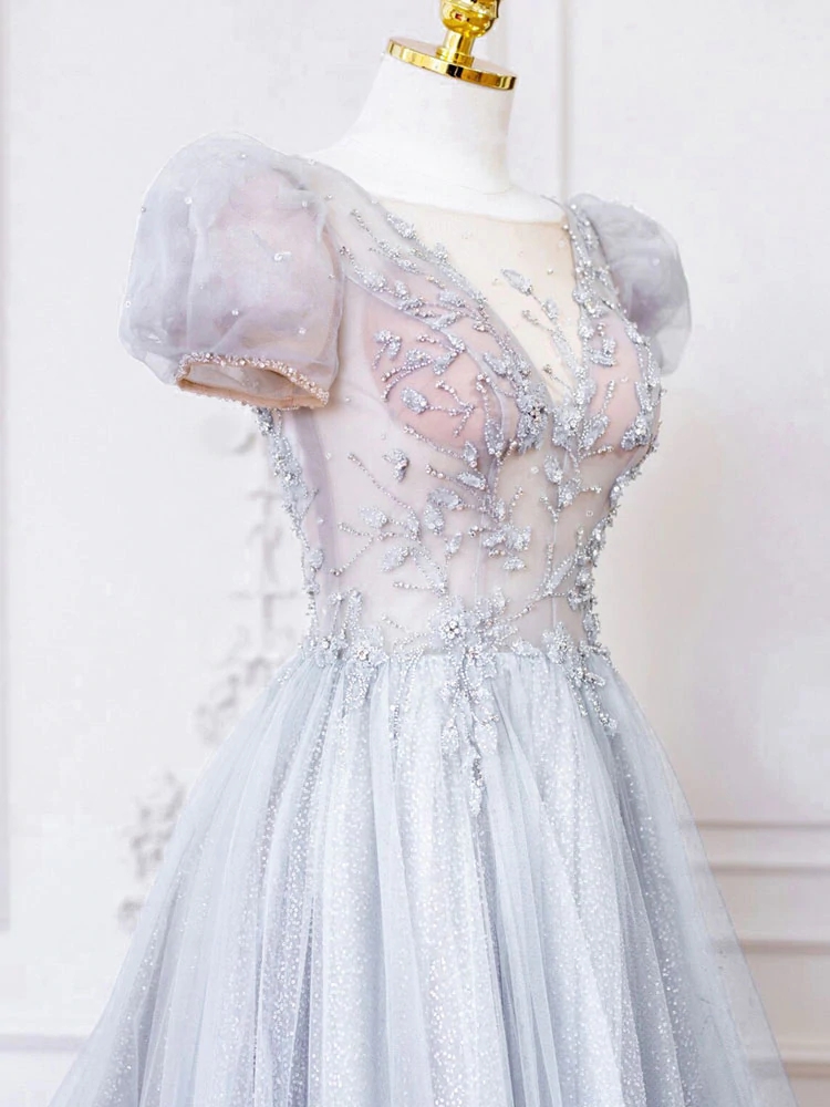 Prom Dresses, Round Neck Tulle Lace Long Prom Dress, Tulle Evening ...