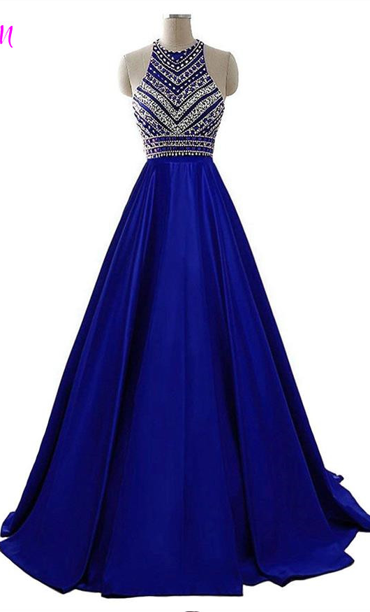 Royal Blue Crystals Prom Dresses 2022 A-line Sleeveless Party Dress With Pockets O-neck Beaded Satin Long Formal Evening Gowns