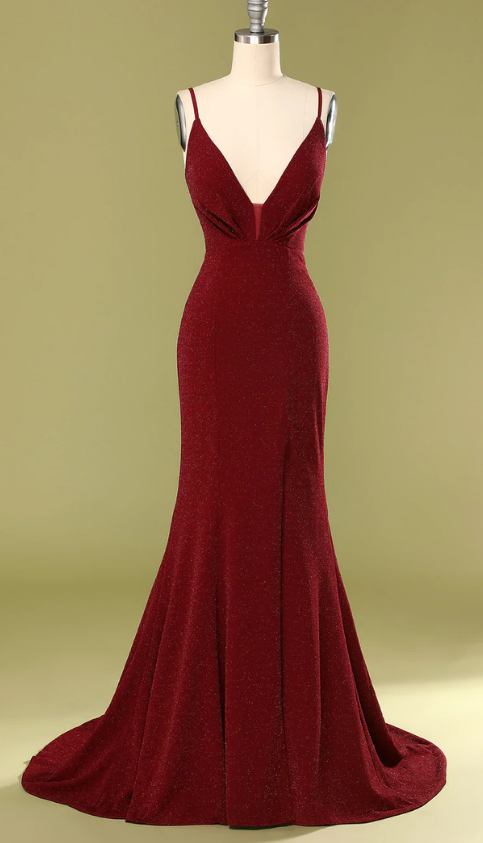 Burgundy V-neck Evening Dress