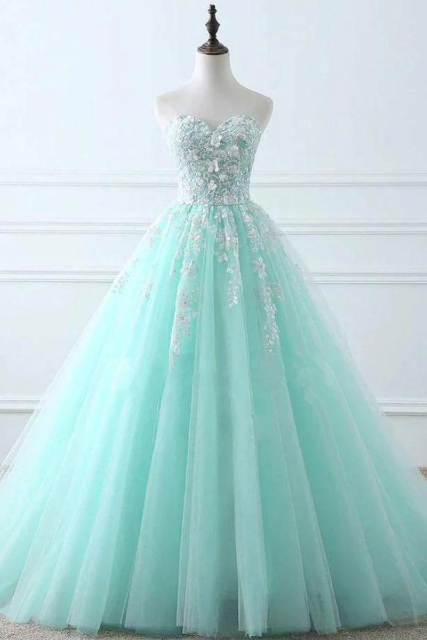 Prom Dresses,sweetheart Puffy Tulle Prom Dress With Lace Appliques, Long Graduation Dress