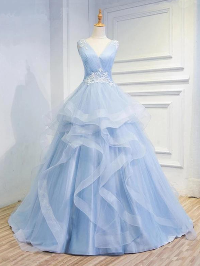 Prom Dresses,puffy V Neck Sleeveless Tulle Prom Dress With Appliques, Long Quinceanera Dress
