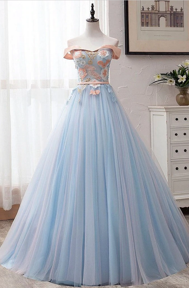 Prom Dresses,off Shoulder Floor Length Tulle Prom Gown With Appliques, Puffy Long Evening Dress