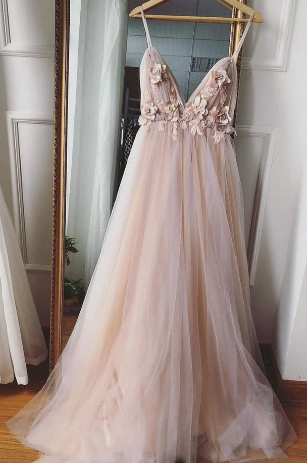Prom Dresses,spaghetti Straps Deep V Neck Tulle Prom Dress With Flowers, A Line Party Dress