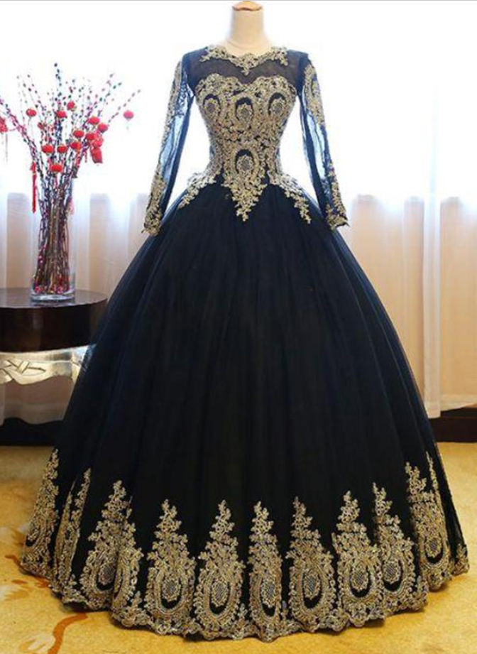 Prom Dresses,long Sleeves Party Dress, Princess Tulle Prom Dress With Lace Appliques