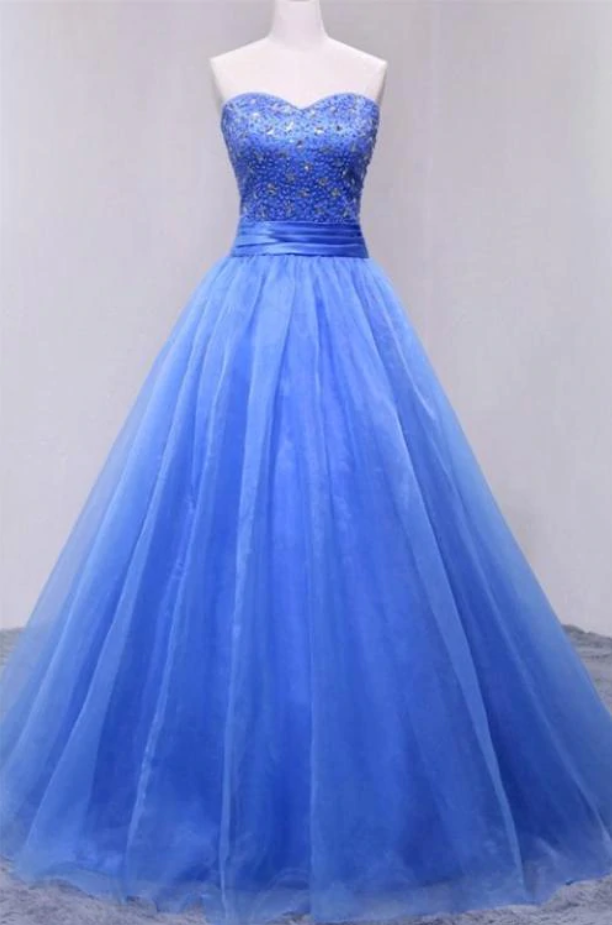 Prom Dresses,sweetheart Organza Floor Length Prom Dress With Beading, Strapless Evening Dress