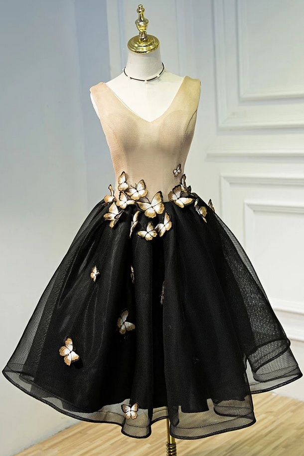 A Line Black V Neck Lace Up Homecoming Dresses, Sleeveless Prom Dress With Butterfly