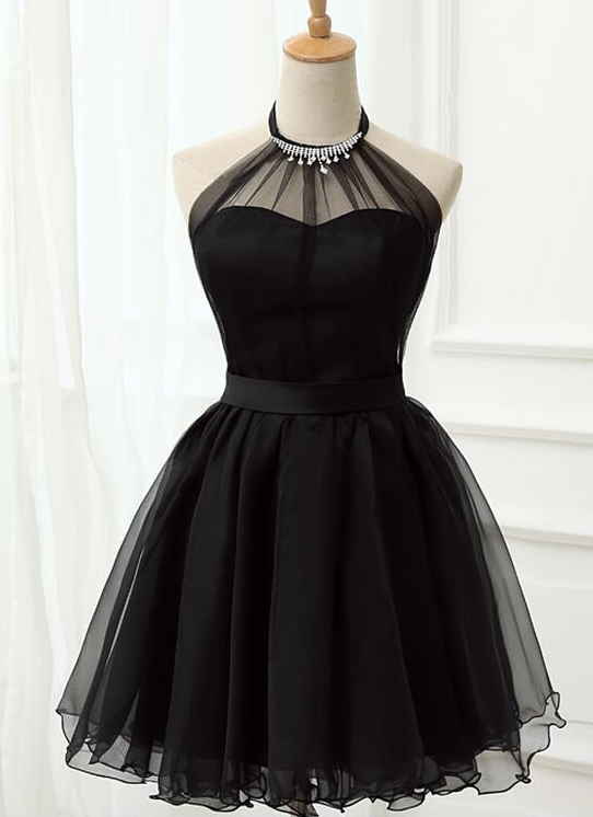 Cute Black Tulle Halter Short Homecoming Dress, Black Prom Dress