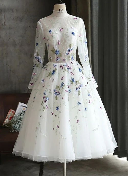 Flower Lace Long Mid Length Party Dress, Long Sleeves Homecoming Dress on  Luulla