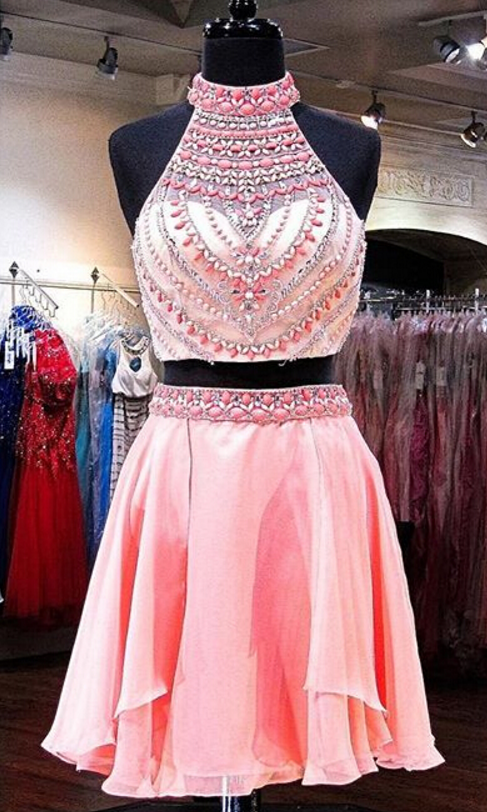 Beading Homecoming Dresses, Two Pieces Prom Dress,short Prom Dresses,2 Pieces Homecoming Dresses,high Neck Prom Gowns