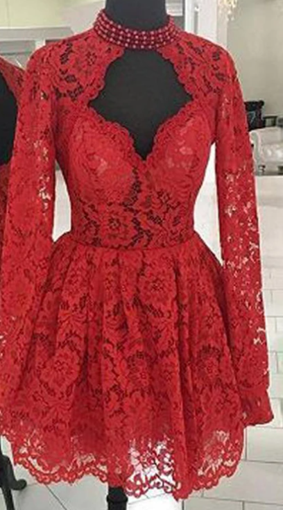 Lace Red Chic Long-sleeves Homecoming Dressess, A-line Homecoming Dressess