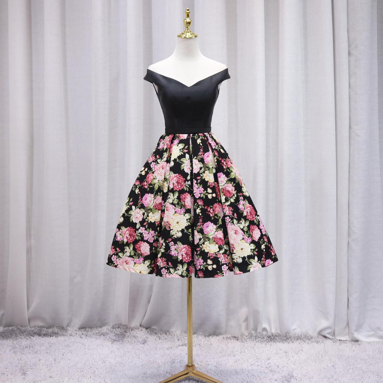 Black Satin And Floral Off Shoulder Party Dress, Black Short Homecoming  Dress Prom Dress on Luulla