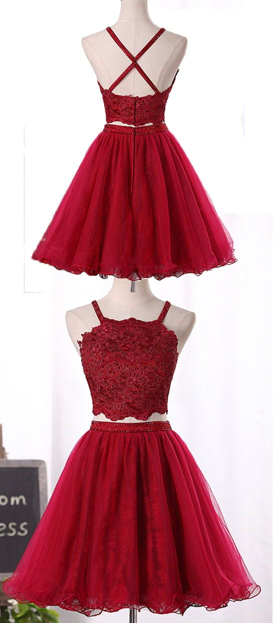 Two Piece Tulle And Lace Homecoming Dress, Lovely Party Dresses