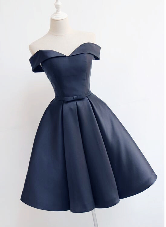 Beautiful Blue Satin Prom Dress, Navy Blue Homecoming Dress, Short Party Dress